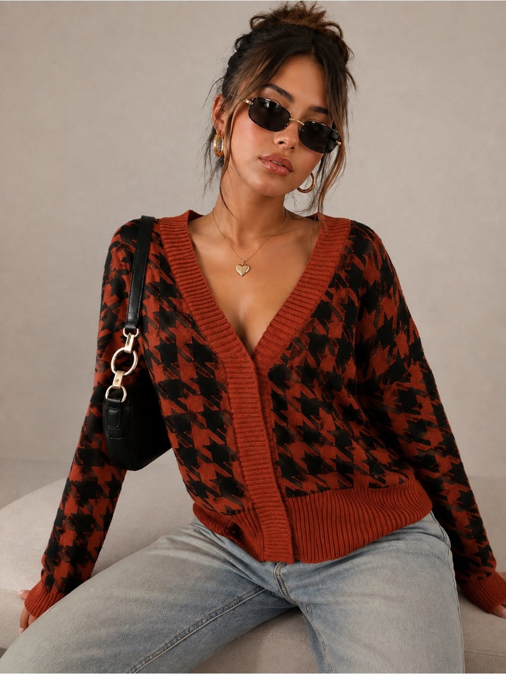 Philosophy Republic Clothing Houndstooth Cardigan Sweater Terracotta Black Large